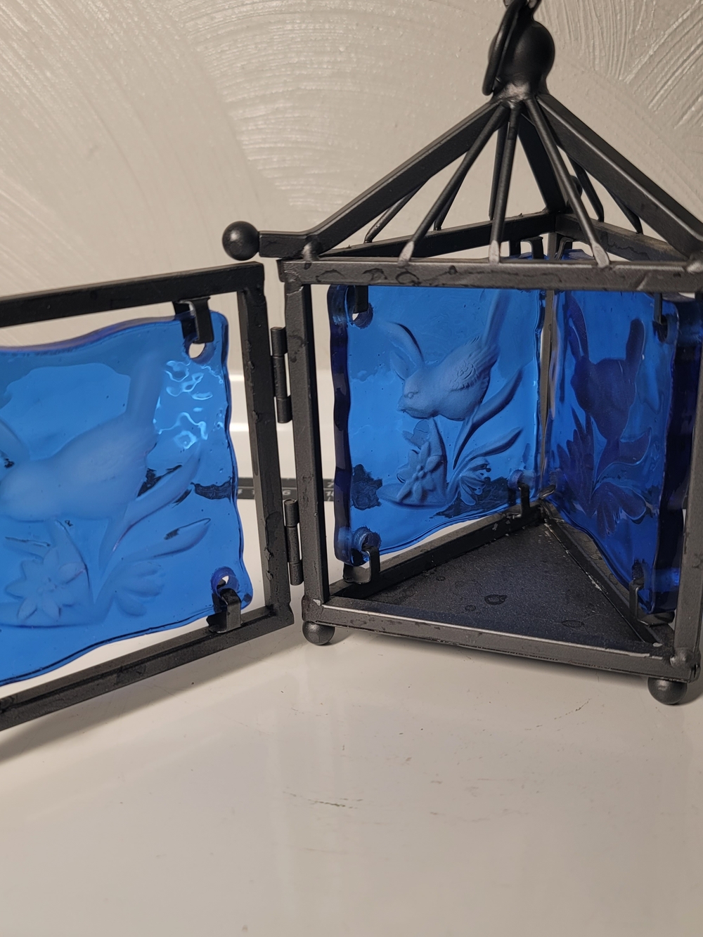 Vintage. Embossed Blue Glass Bird Panel Decorative Lantern